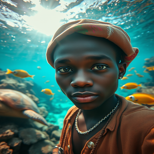 Realistic selfie image of a Melanesian, wearing a vintage outfit, detailed dreamy eyes, droopy hooded eyes, staring at the camera, taken underwater at coral reef with a sunbeam filtering through the water, vibrant, summer vacation, natural lighting, turtle and school of tropical fish with vibrant colors, rendered in the style of CryEngine, Pegi Nicol MacLeod, with realistic genre scenes, hauntingly beautiful narratives, ultra-realism, and Thomas Saliot's close-up technique, 8K resolution, crystal clear and sparkling water.