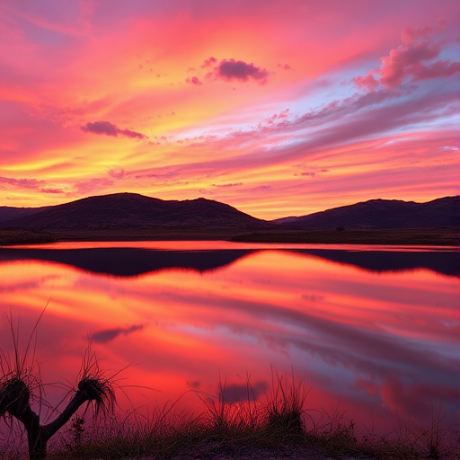 Create a high-resolution image of a scenic landscape during sunset with vibrant colors in the sky and a calm lake reflecting the colors, using a DSLR camera, 50mm lens, aperture f/1.8, ISO 100, shutter speed 1/200, shot from a low angle to capture the reflection, with a warm color palette and detailed foreground elements.