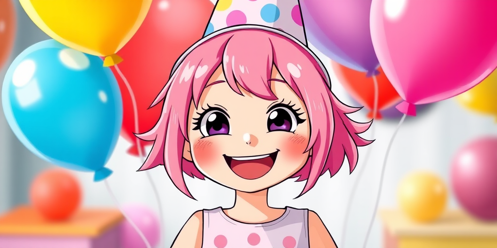 Create a vibrant cartoon illustration of a joyful girl with pink hair wearing a party hat, holding colorful balloons in a cheerful setting, captured from a frontal view using a DSLR camera with an aperture of f/2.8, ISO 100, shutter speed 1/250s, and a soft focus background to enhance the character's expression and brightness.