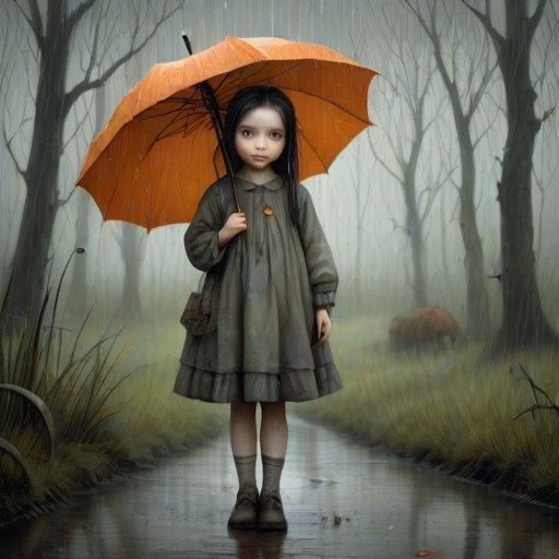 An eerie, weird little girl with dark hair in thin pigtails, wearing a smock dress, standing in the rain, holding a dirty orange umbrella, a small, odd creature beside her. In a surreal style inspired by Nicoletta Ceccoli and Brian Froud. Dark fantasy themes