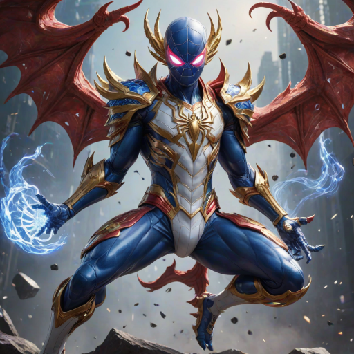 A high-budget, anime-style wallpaper featuring Spiderman in an epic White, blue red Kirin armor. Golden dragon gloves, the gloves is in the shape of dragon heads, Golden dragon head gloves, White glossy eyes, The armor is designed with metallic details that reflect light, showcasing intricate Kirin motifs. Spiderman's armor is a striking gradient of blue, red and white, with Colorful galaxy inner sections, making it look both powerful and sleek. The background is flat white, with Kirin-shaped blue-violet glowing rune relic to give the impression power, striking pose, the Kirin's armor is dominantly in white, with some details in blue and red, Cinematic anime action scene, cinematic action pose, medium shot action portrait, dramatic effect of shadow and light.