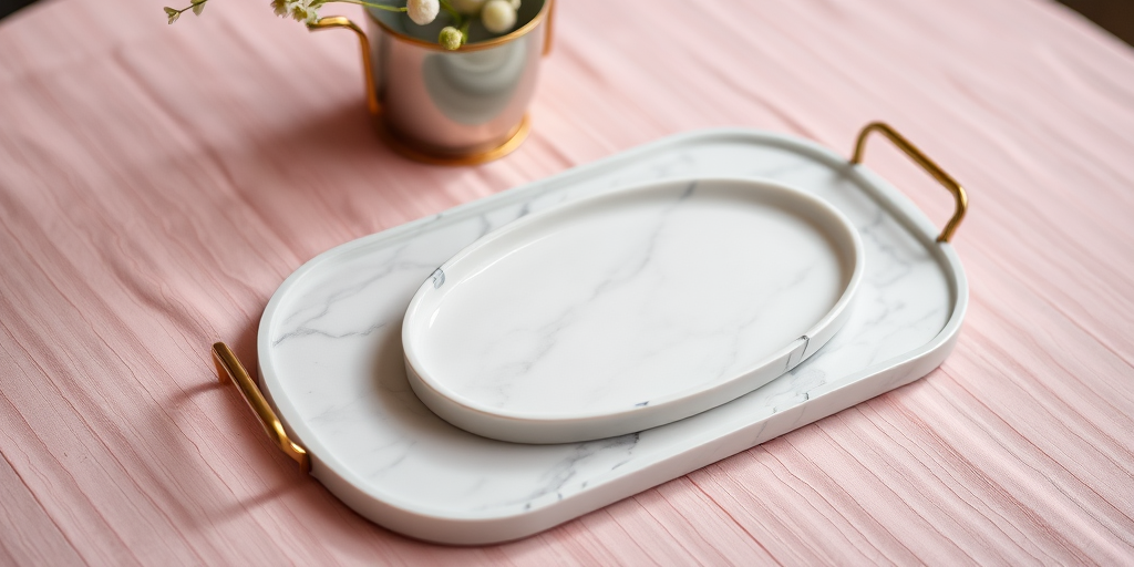 Capture a close-up shot of a marble tray and a smaller oval marble serving dish on a textured pink tablecloth, with soft natural lighting, aperture set to f/2.8 for a shallow depth of field, ISO 100 for clarity, and a focal length of 50mm using a DSLR camera.