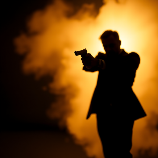 Create an action-themed silhouette of a man in a suit aiming a handgun, shot with a Canon EOS R5 at f/2.8, 1/200s shutter speed, ISO 100, using a shallow depth of field to emphasize the figure against a blurred background.