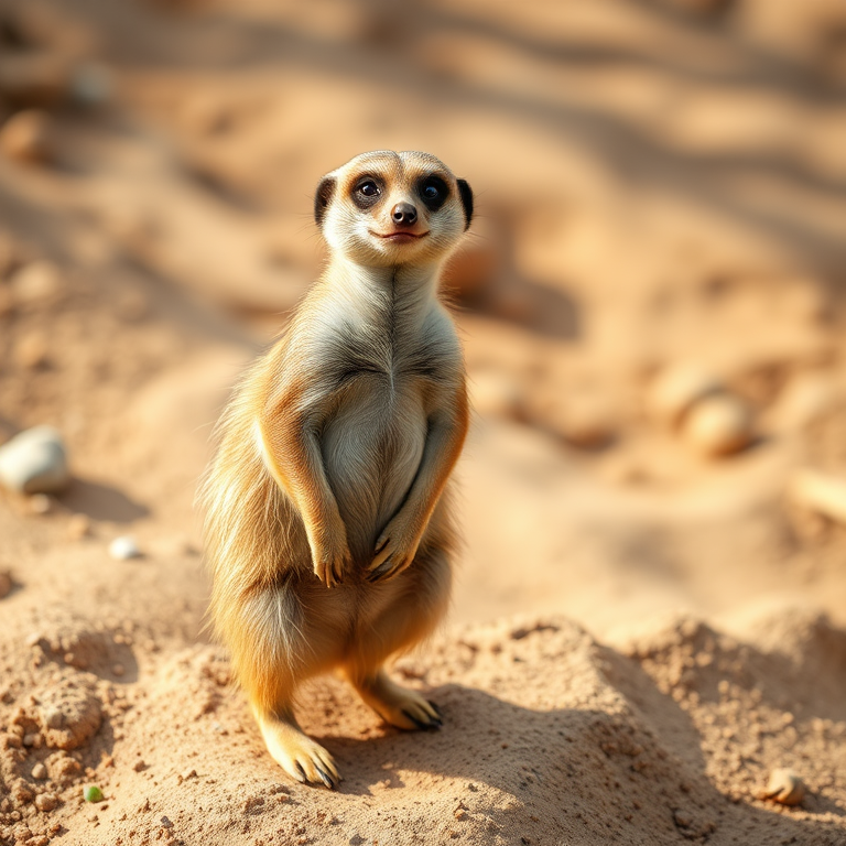 meerkat standing on sandy terrain, natural habitat, 50mm lens, f/2.8 aperture, ISO 200, shallow depth of field, soft natural lighting, DSLR, focused view, vibrant colors