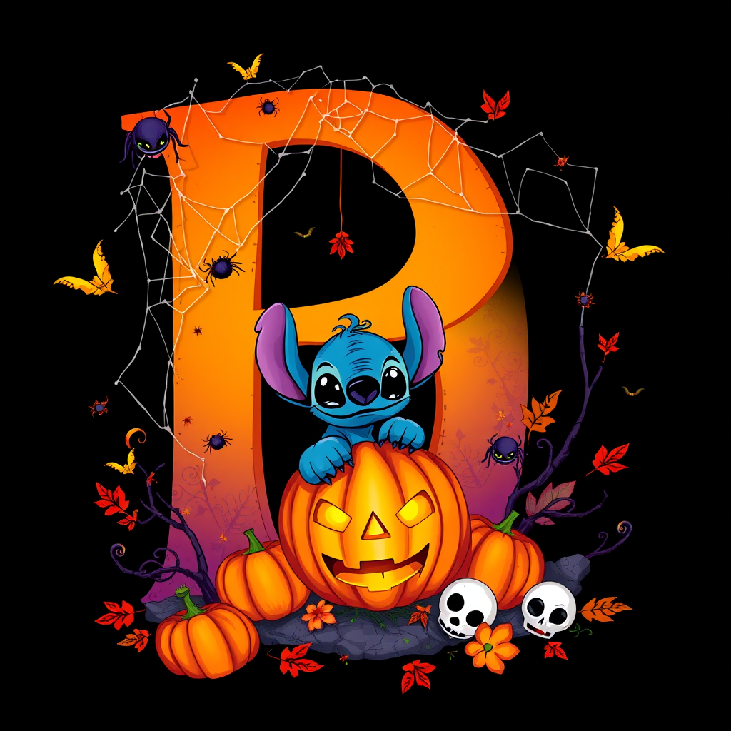 A whimsical and vibrant Halloween-themed digital illustration featuring the letter "R" adorned with spider webs, small bats, and cute spiders. At the base of the letter, a playful alien character similar to Stitch is peeking out from inside a carved pumpkin with glowing eyes, surrounded by additional pumpkins, a small skull, and autumn leaves. The letter is gradient-colored from orange to purple, adding a magical atmosphere to the scene, black background