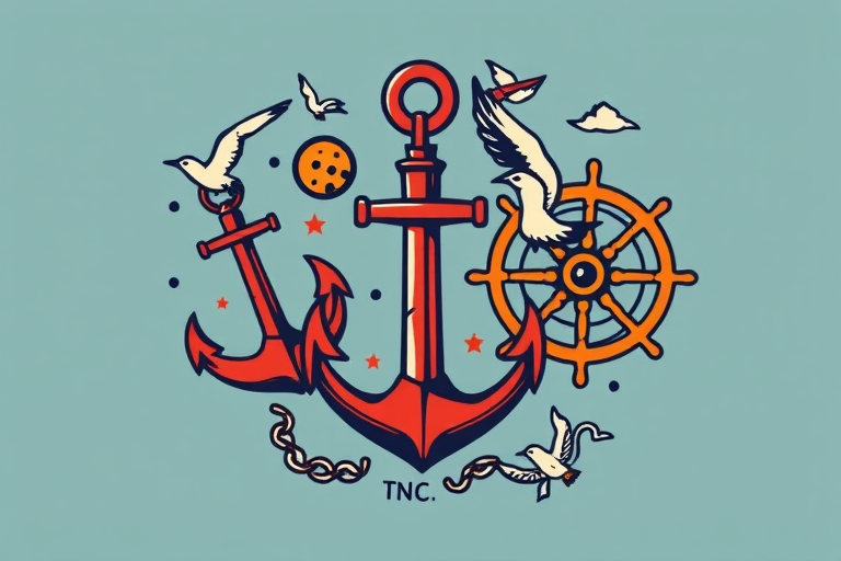 Vintage sailor Jerry-inspired half sleeve featuring classic nautical elements like anchors, swallows, and ship wheels in bold primary colors with heavy black outlines
