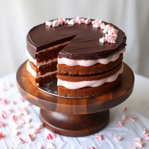A beautifully layered cake with a rich chocolate exterior and a pink whipped filling, showcasing a dark chocolate base, placed on a wooden cake stand, surrounded by crushed peppermint pieces, with a clean white tablecloth as the backdrop.