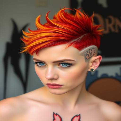 Rebellious portrait captures Molten Lava undercut, fiery red-orange short hair on top with shaved sides featuring flame-inspired designs and vibrant yellow tips