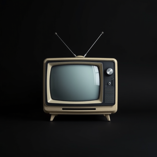Generate a minimalist image of a vintage television set on a plain black background, using a DSLR camera with a 50mm lens, f/2.8 aperture, ISO 100, and a shallow depth of field for enhanced focus on the television set.