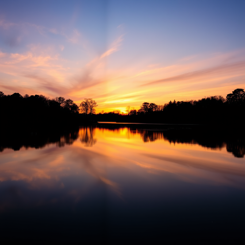 Capture a serene sunset over a calm lake, with silhouetted trees reflecting on the water's surface, using a DSLR camera at f/8 aperture, ISO 100, shutter speed 1/200 sec, a wide-angle lens at 24mm, and a golden hour filter for enhanced warmth and clarity.