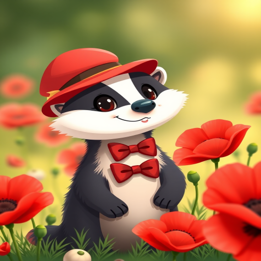 Illustrate a cute cartoon badger wearing a red hat and bow tie standing beside a vibrant red poppy flower, use a soft-focus background with natural lighting, capture the scene using a DSLR camera with a 50mm lens at f/2.8 for depth of field, ensure bright colors and crisp details.