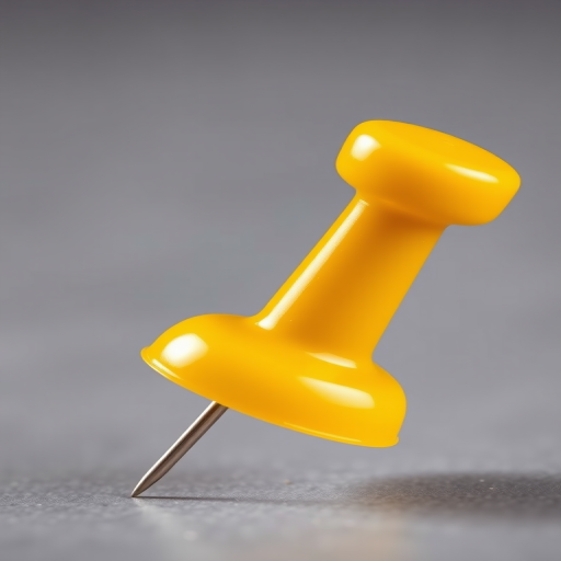 Create a high-resolution image of a yellow pushpin with a shiny surface and detailed shading, captured using a DSLR camera with a 50mm lens at f/2.8, 1/200s shutter speed, and ISO 100, in a well-lit studio setting with a soft-focus background.
