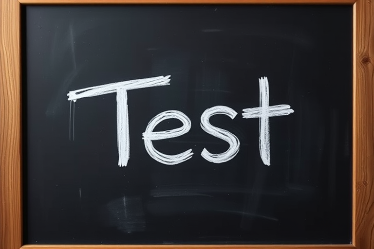 Create an image of a chalkboard with the word "Test" written in white chalk, using a DSLR camera, 50mm lens, f/2.8 aperture, ISO 100, natural lighting, with a shallow depth of field to emphasize the chalkboard texture and wood frame.