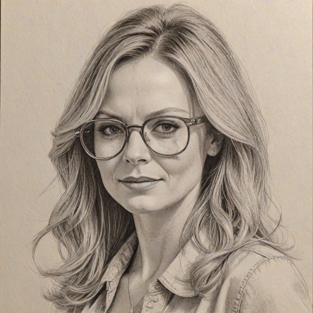 Charming Geri Halliwell, pencil sketch, portrait of Captivating woman 1974s in glasses, hair style beatnik, outline, clear lines, fine lines, 8k
