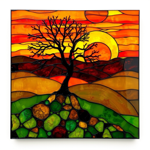 A vibrant abstract painting on Tiffany Glass, blending acrylic and alcohol ink techniques, captures a dramatic sunset over rolling hills. The artwork features a textured, rocky foreground in green and brown, layered abstract hills, and a striking sunset in rich oranges, yellows, and reds. A solitary black tree with intricate branches contrasts against the fiery sky, creating a dynamic and expressive portrayal of a breathtaking natural scene.