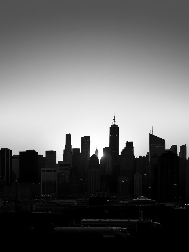 generate a high-contrast black and white illustration of a modern city skyline at sunset, using a digital camera with a wide-angle lens, aperture f/8, ISO 100, 24mm focal length, capturing the sharp details of buildings against a soft gradient background with a slight vignette effect