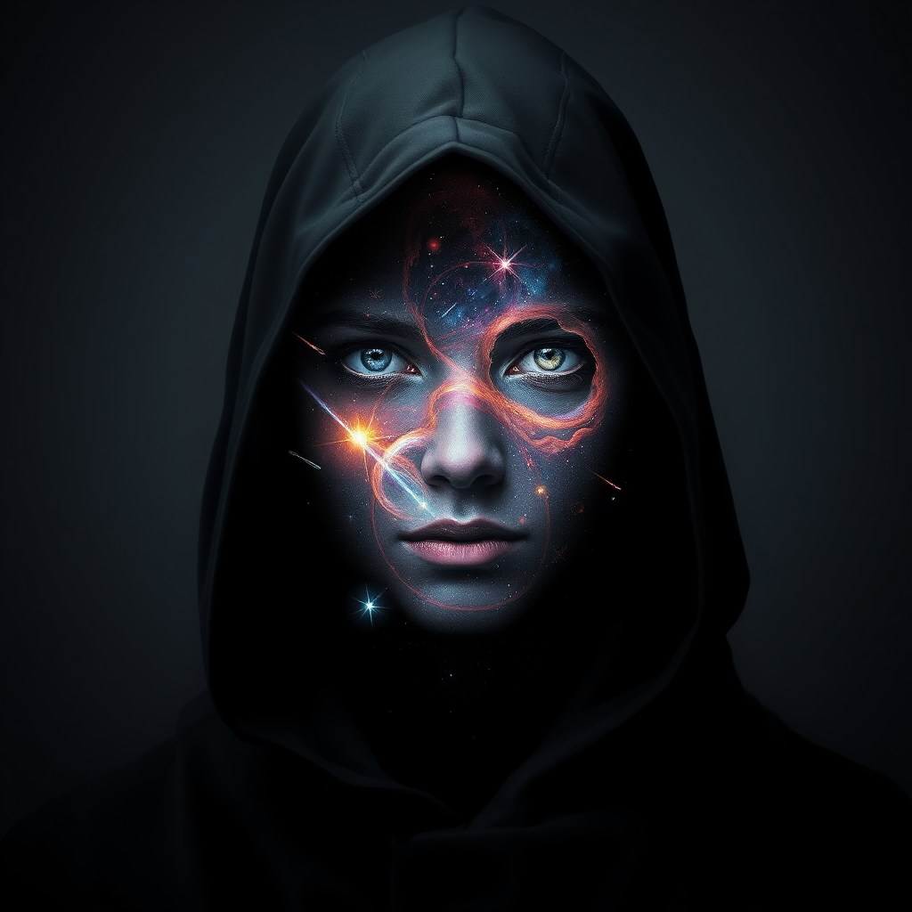 A mysterious hooded figure stands silently, the dark cloak flowing around them like shadows. Beneath the hood, their face is a mesmerizing cosmic scene where swirling galaxies, radiant stars, and vibrant planets form the features. Nebulas drift where eyes should be, glowing softly, while delicate streaks of cosmic energy trace the outlines of a nose and lips. Comets streak across the vastness of their face, and faint constellations pulse with life. The entire visage shifts and evolves as if the universe itself is contained within the figure, giving an ethereal, otherworldly presence to their form.