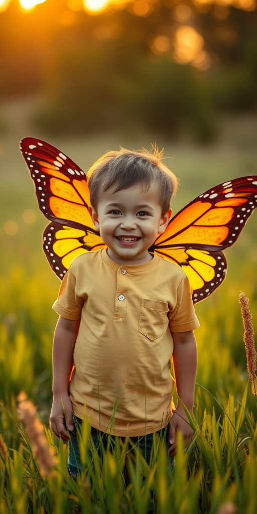 Capture a portrait of a joyful young boy with colorful butterfly wings standing in a lush grassy field during golden hour, using a Canon EOS R6, 50mm f/1.8 lens, aperture set to f/2.8, ISO 100, shutter speed 1/200s, focused on the boy with a blurred background to enhance image quality.