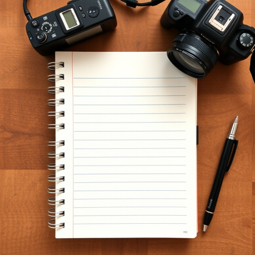 create a blank lined notebook page with a spiral binding, DSLR camera, aperture f/2.8, shutter speed 1/60s, ISO 200, top-down view, high-resolution, natural lighting