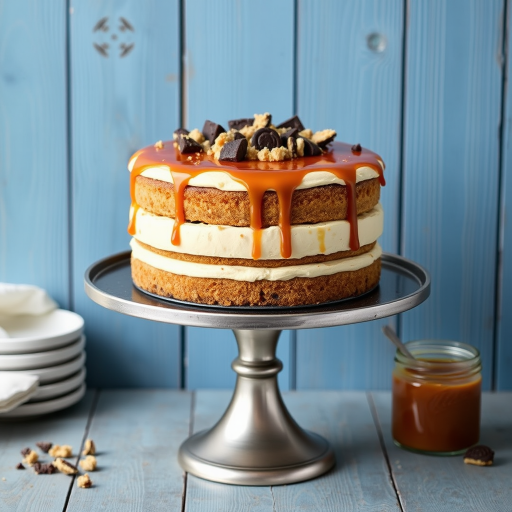 A three-layer cake with a creamy filling topped with caramel sauce and garnished with chocolate pieces and cookie crumbs on a silver cake stand with a blue wooden background and a jar of caramel sauce beside it.
