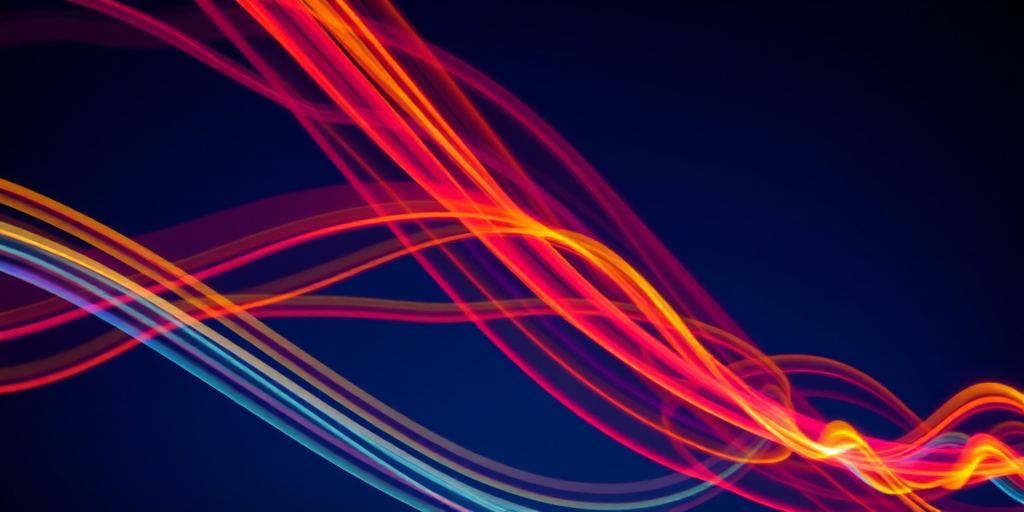 Generate an abstract image of swirling light trails in vibrant colors against a deep blue background, captured with a Canon EOS R5, using a 24-70mm f/2.8 lens, at f/8, ISO 100, and a shutter speed of 1/250s, with a wide-angle view to enhance depth and perspective.