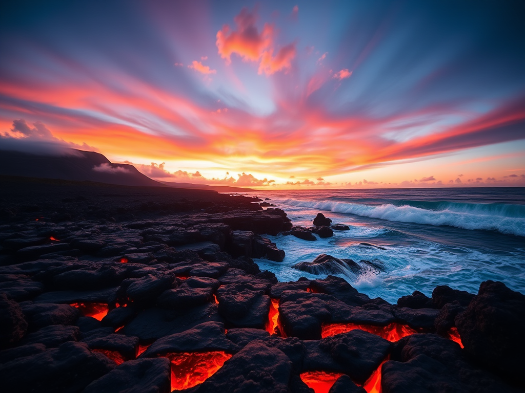Capture a dramatic sunset over a volcanic landscape with flowing lava meeting the ocean, use a wide-angle lens at f/8, ISO 100, shutter speed 1/125s, dusk lighting for vibrant colors, shot from a low angle to emphasize the foreground lava and waves, using a DSLR camera for high resolution.