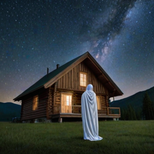 Secluded mountain cabin, the sky clear and full of stars, a woman stands outside wrapped in a blanket, her gaze upward, mesmerized by the Milky Way stretching across the night.