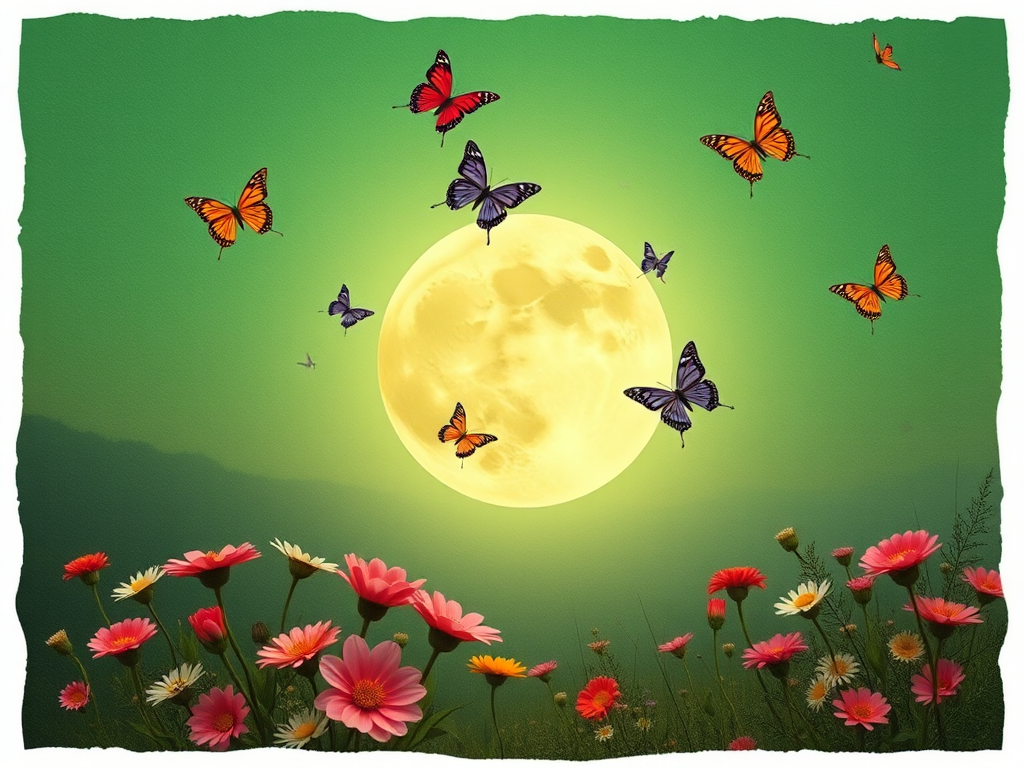 a serene landscape with a large moon in the background, surrounded by colorful butterflies flying in the sky, and blooming flowers in the foreground on a textured green background
