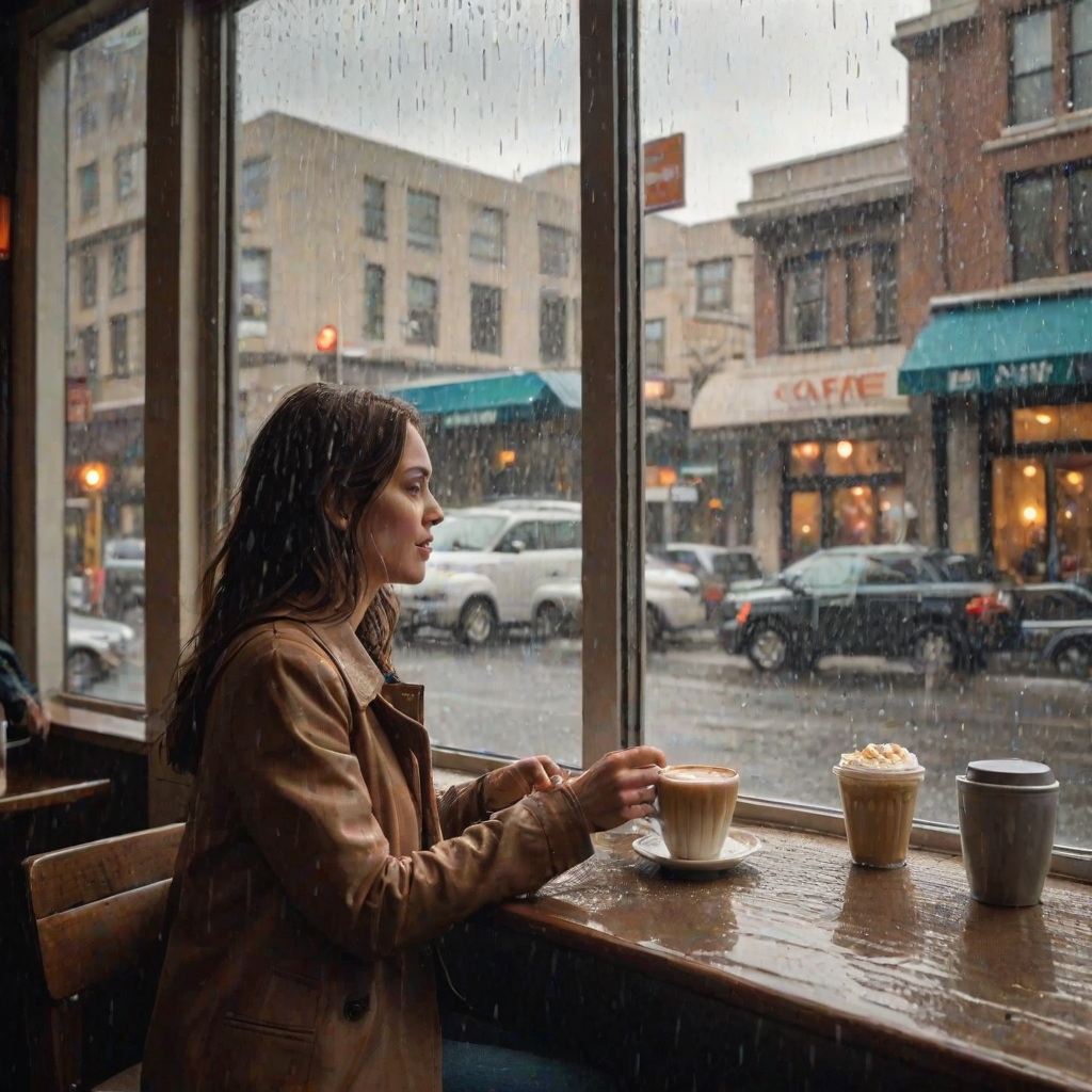 Bustling city cafe on a rainy afternoon, with soft jazz playing in the background, a woman sits by the window, sipping a latte and watching the rain streak down the glass.