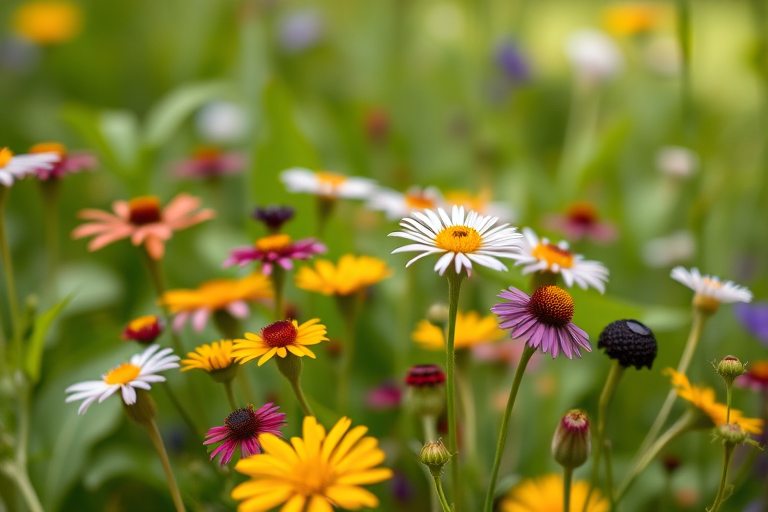 vibrant bouquet of various wildflowers in a lush green setting, macro shot with a shallow depth of field, f/2.8 aperture, ISO 100, 100mm lens, natural light, DSLR camera