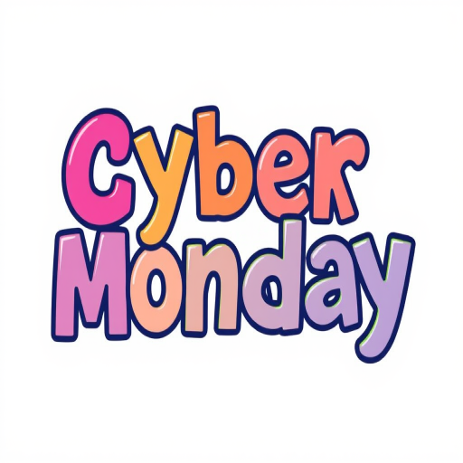Create a vibrant digital illustration of the text "Cyber Monday" in a playful font, using a clean white background, with a focus on bright colors and bold outlines, captured using a high-resolution digital camera settings ISO 100, aperture f/2.8, shutter speed 1/60s, shooting from a straight-on view with a soft light style for enhanced clarity and contrast.