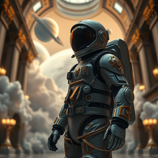 A futuristic astronaut in an ornate space suit with gold accents standing in a grand architectural setting surrounded by clouds and planets, shot with a Canon EOS R5, 50mm f/1.2 lens, aperture f/1.8, ISO 100, 1/200 sec, using soft lighting and a low-angle view for enhanced dramatic effect.