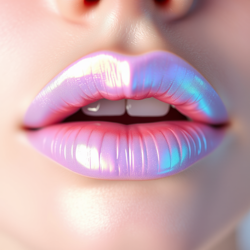 Ethereal iridescent lips shimmer with pearlescent hues, transforming from pale pink to soft blue depending on the angle of view