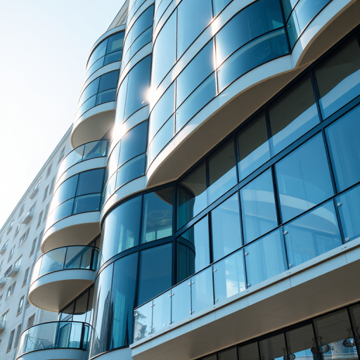high-resolution image of a modern building facade with curved glass windows and balconies, taken from a low angle, using a DSLR camera with a 50mm lens, aperture f/8, shutter speed 1/200s, ISO 100, with natural sunlight highlighting the reflections and structural details
