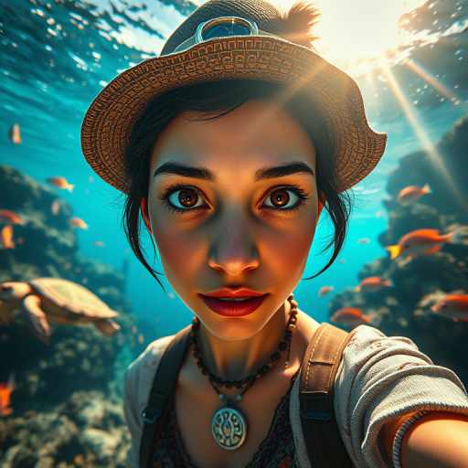Realistic selfie image of a Guarani, wearing a vintage outfit, detailed dreamy eyes, droopy hooded eyes, staring at the camera, taken underwater at coral reef with a sunbeam filtering through the water, vibrant, summer vacation, natural lighting, turtle and school of tropical fish with vibrant colors, rendered in the style of CryEngine, Pegi Nicol MacLeod, with realistic genre scenes, hauntingly beautiful narratives, ultra-realism, and Thomas Saliot's close-up technique, 8K resolution, crystal clear and sparkling water.