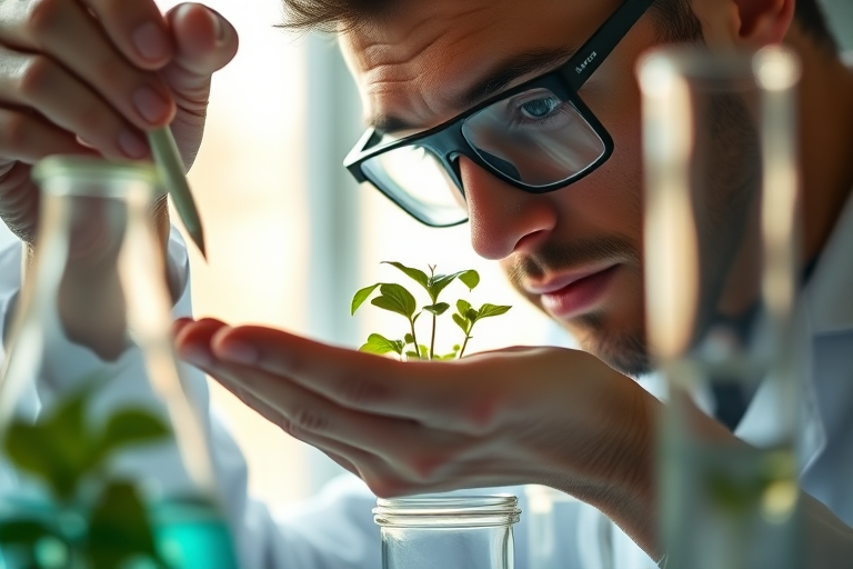 close-up of a scientist in a laboratory carefully examining plants in beakers, bright natural light, shallow depth of field, ISO 100, f/2.8, 85mm lens, DSLR camera, macro photography style