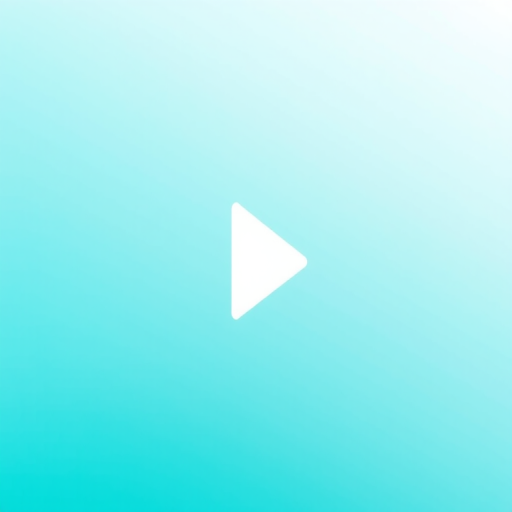 Create a minimalist play button icon on a gradient background transitioning from teal to light blue, using a DSLR camera with a 50mm lens, f/1.8 aperture, ISO 100, and a shallow depth of field, capturing the image from a straight-on view.