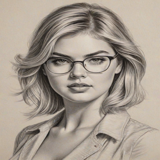 Attractive Kate Upton, pencil sketch, portrait of Superb woman 1927s in glasses, hair style beatnik, outline, clear lines, fine lines, 8k
