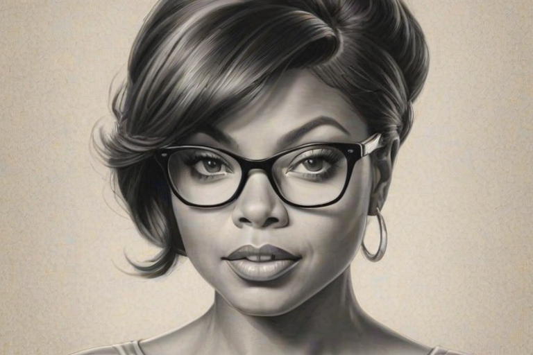 Radiant Taraji P. Henson, pencil sketch, portrait of Alluring woman 1954s in glasses, hair style beatnik, outline, clear lines, fine lines, 8k
