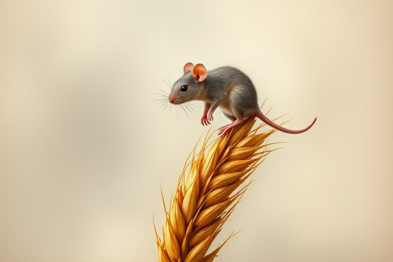 Soft, muted Alcohol Ink with ebru effect background image of tiny whimsical rat, who climbed high on the top of a golden rye ear.