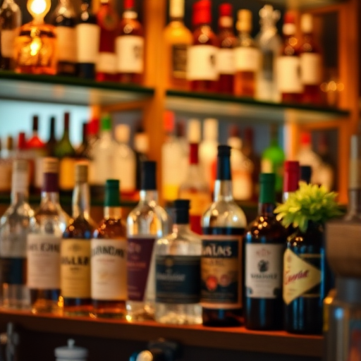 A well-lit bar shelf displaying various bottles of liquor, shot from a slight angle, using a 50mm lens, aperture f/2.8, ISO 200, proper white balance to enhance colors, soft focus background.