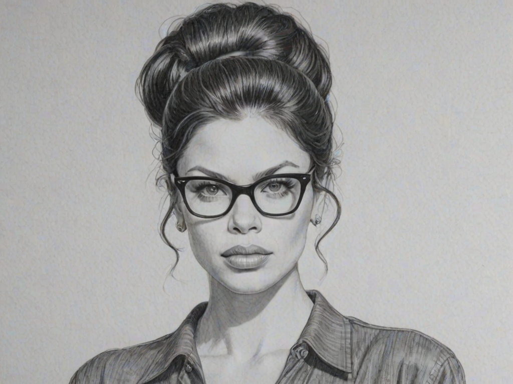 Pleasing Vanessa Ferlito, pencil sketch, portrait of Magnificent woman 1956s in glasses, hair style beatnik, outline, clear lines, fine lines, 8k