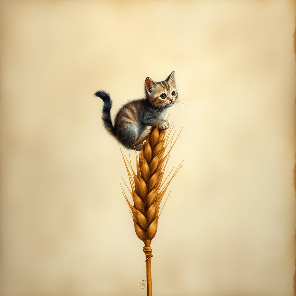 Soft, muted Alcohol Ink with ebru effect background image of tiny whimsical cat, who climbed high on the top of a golden rye ear.