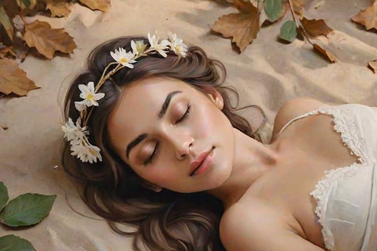 create a watercolor painting of an ethereal portrait of beautiful Turkish woman with a simple white flower crown on her head. Her hair is long and she is lying on the ground. The sunlight on the trees casts shadows from the leaves on her face and body. The background is a neutral brown color that matches her skin tone. The image is minimalist and solid colors. This style is characterized by soft, delicate brushstrokes and a light, airy, contrasting color palette. High level of detail and play of light