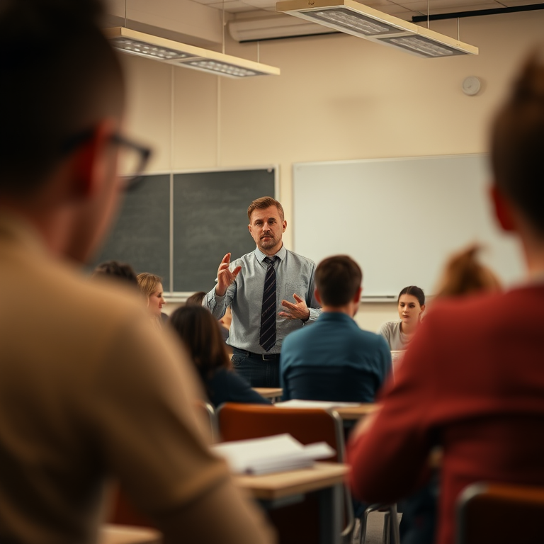Create an image of a teacher in a classroom with students attentively listening, soft natural lighting, depth of field focus on the teacher, f/2.8 aperture, ISO 100, 50mm lens, shot in a warm color palette with a high-resolution digital camera.