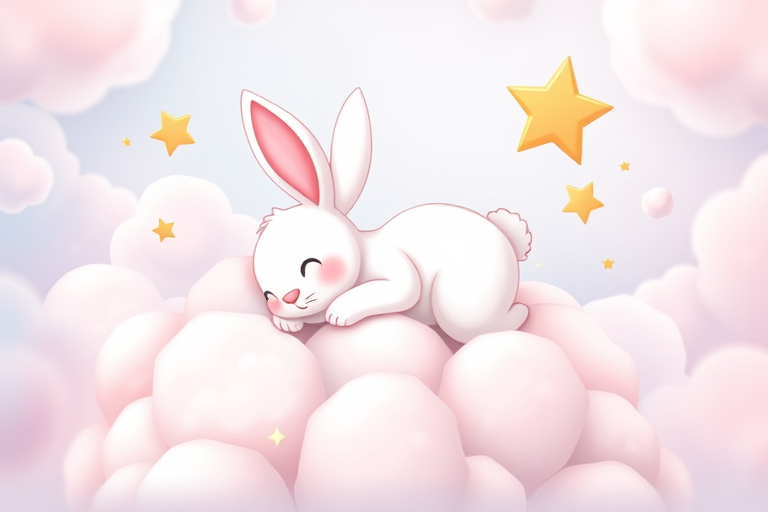 Create a cute cartoon rabbit resting on fluffy clouds with a star, using a bright color palette, in a digital art style, shot with a Canon EOS R5 at f/2.8, 1/125 sec, ISO 100, top-down view for enhanced detail and vibrancy.