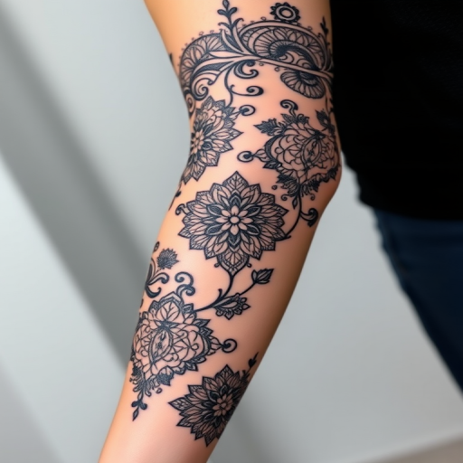Ornamental blackwork tattoo of intricate lace patterns adorning the entire arm, creating the illusion of a delicate sleeve with negative space