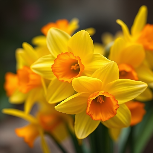 Create a vibrant image of a bouquet of yellow daffodils with orange centers, using a close-up shot with a shallow depth of field, captured on a DSLR camera with a 50mm lens, aperture set to f/2.8, ISO 100, and natural light for enhanced color saturation.