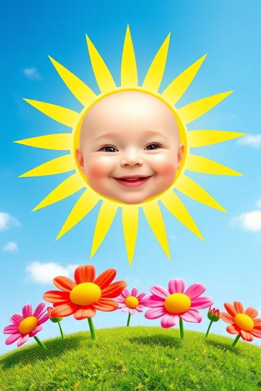 Create an image shows a bright, sun with a smiling baby's face in the center, radiating soft yellow rays. The sun is set against a clear blue sky with a few wispy clouds. Below, there's a lush green grassy hill with colorful, oversized flowers, giving the scene a whimsical, playful atmosphere.