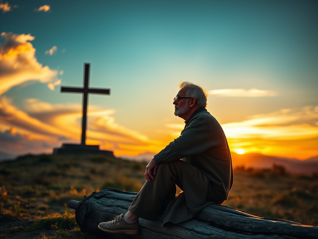 Generate an image of a contemplative older man sitting on a log with a cross in the background during sunset, capturing a dramatic sky with clouds, using a DSLR camera with a 50mm lens, aperture set to f/1.8, ISO 100, and a golden hour lighting effect for enhanced warmth and detail.